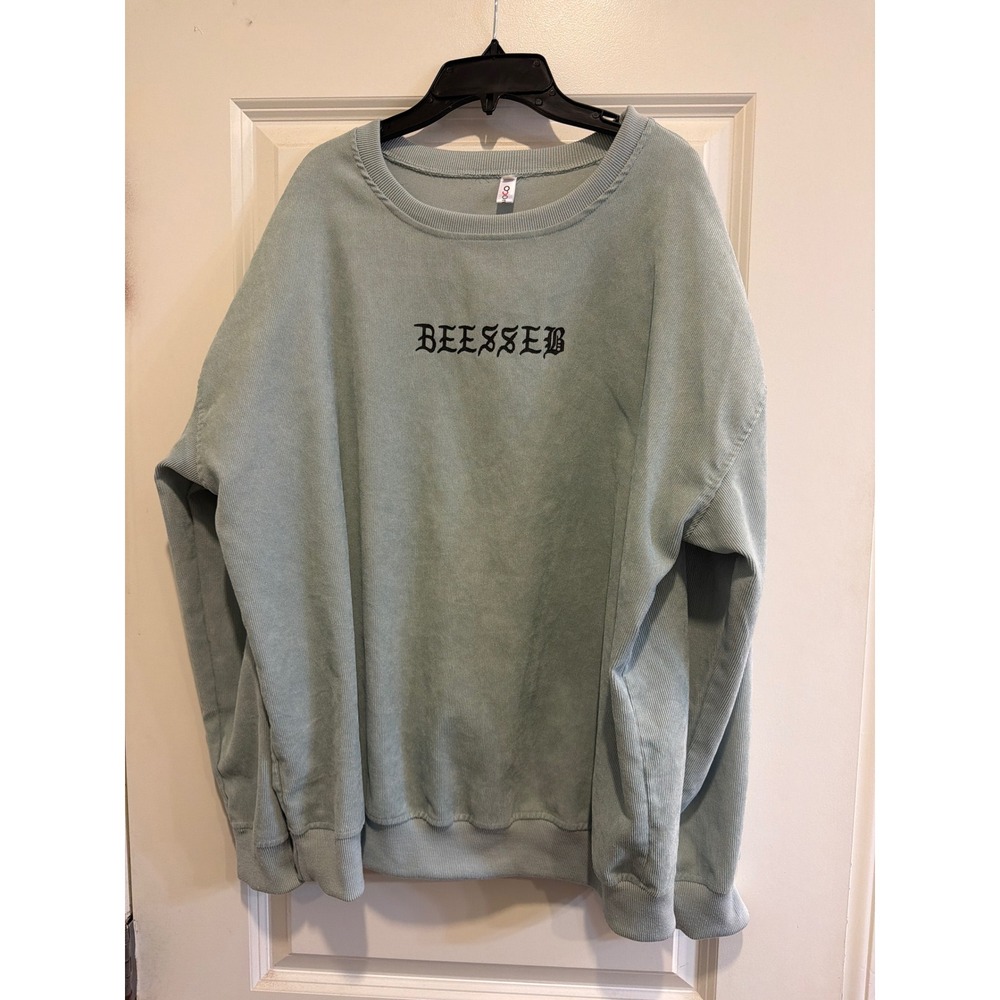 Blessed Old English Gothic Graphic Sweatshirt Sage Green Oversized Pullover L